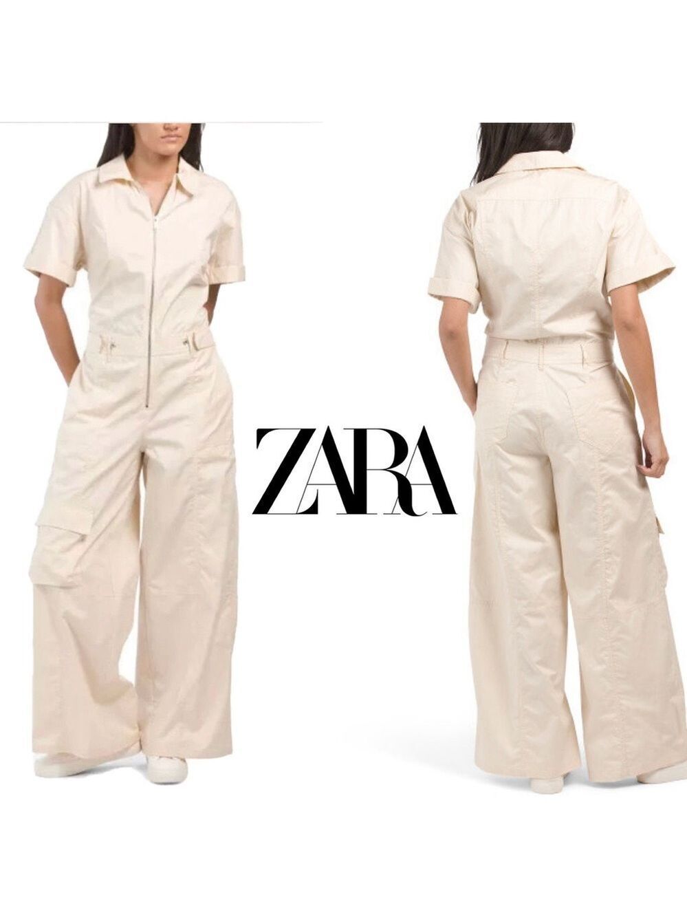 Zara cream short sleeve cargo wide leg jumpsuit Sz S pockets front zip NWOT